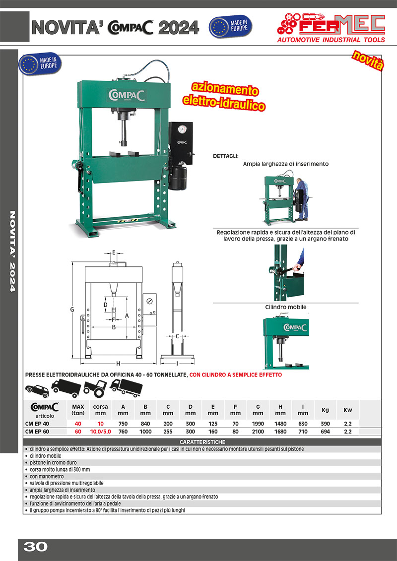 Presse elettroidrauliche da officina 40 - 60 tonnellate, con cilindro a semplice effetto